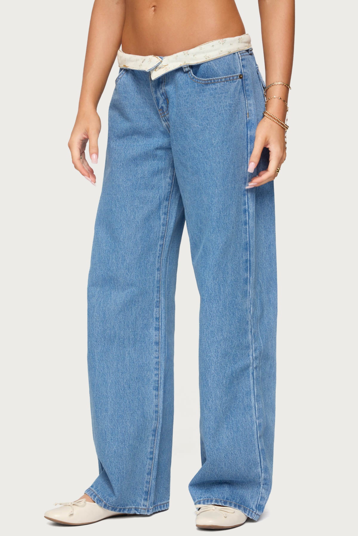Floral Foldover Low Rise Baggy Jeans - Image 3