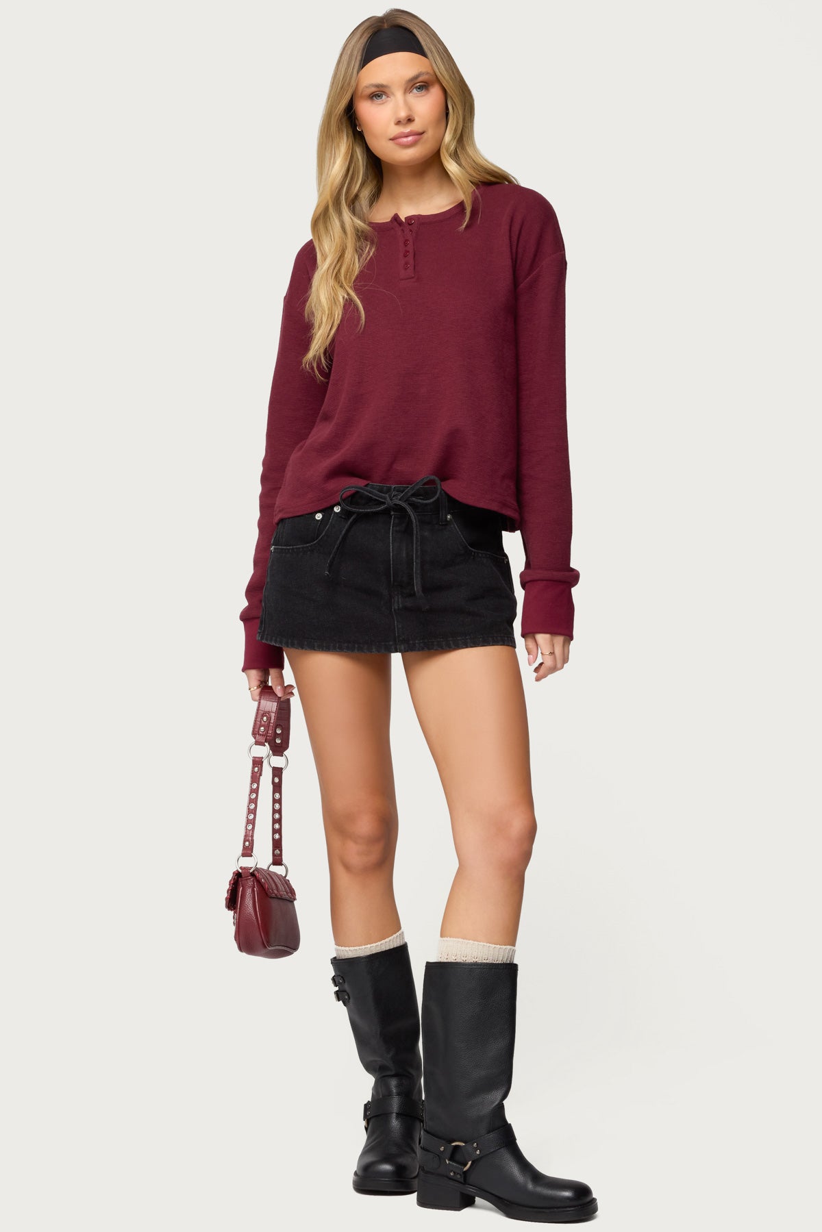 Deni Long Sleeve Henley Waffle Top - Image 2