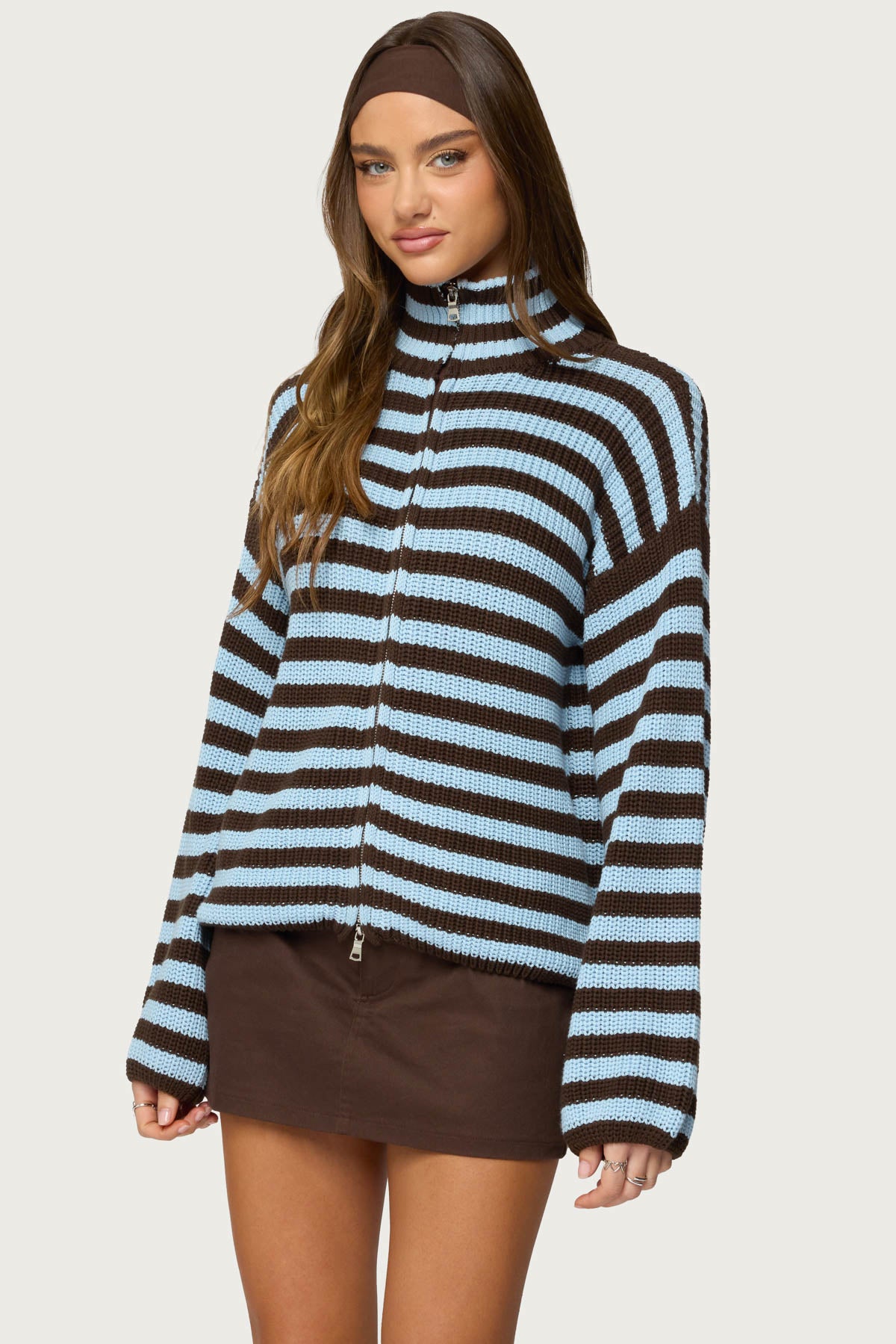 High Neck Striped Zip Up Sweater - Image 3